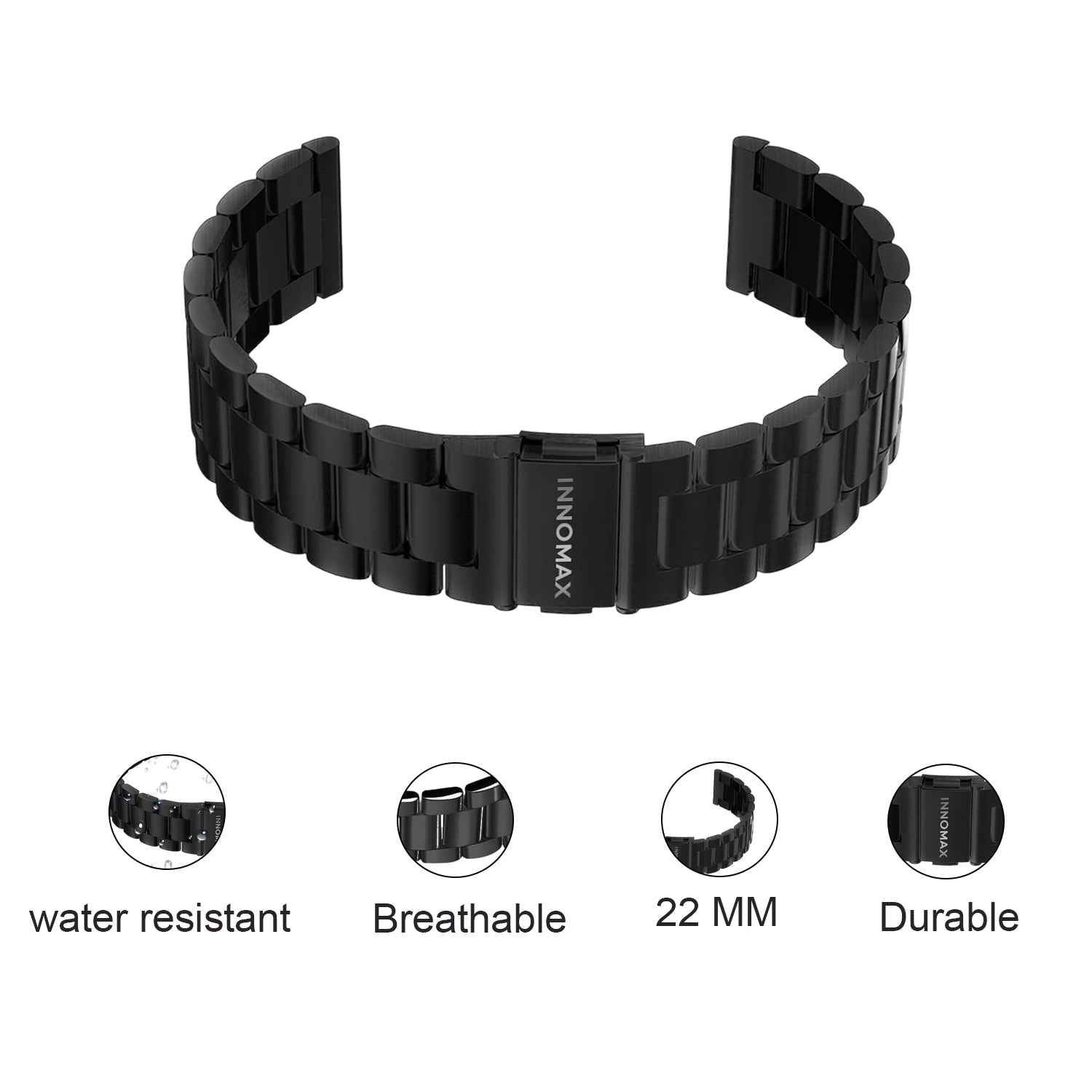 Innomax Premium Stainless Steel Strap 22mm – Black Metal Link Bracelet Compatible with Innomax Horizon / Carbonn Smartwatches / Universal 22mm Watches